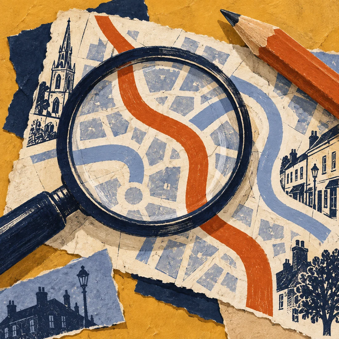 A hand-drawn magnifying glass and orange pencil examining one path across a fictional paper street plan.