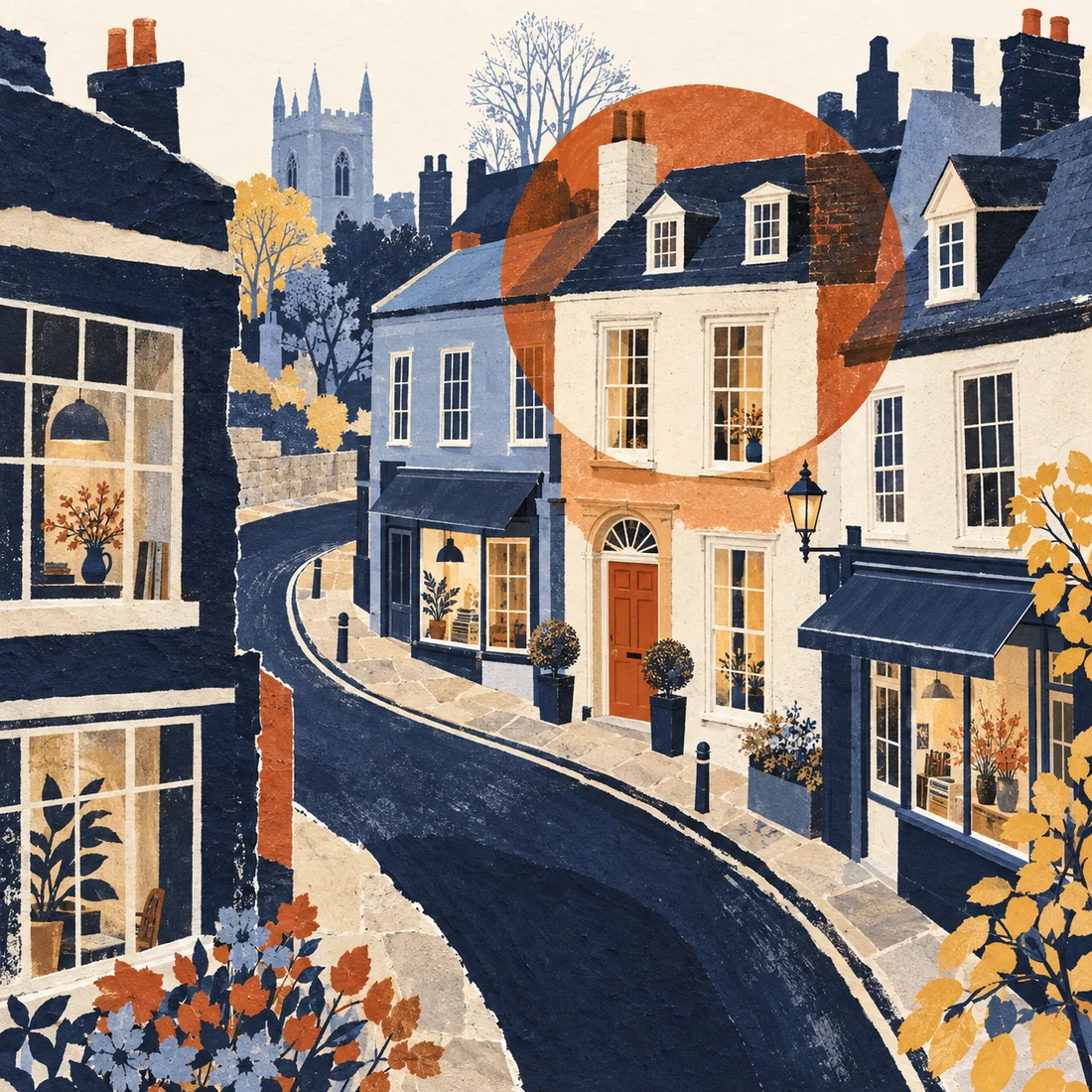 Paper-collage illustration of an imagined British high street, with an orange spotlight over one independent business.