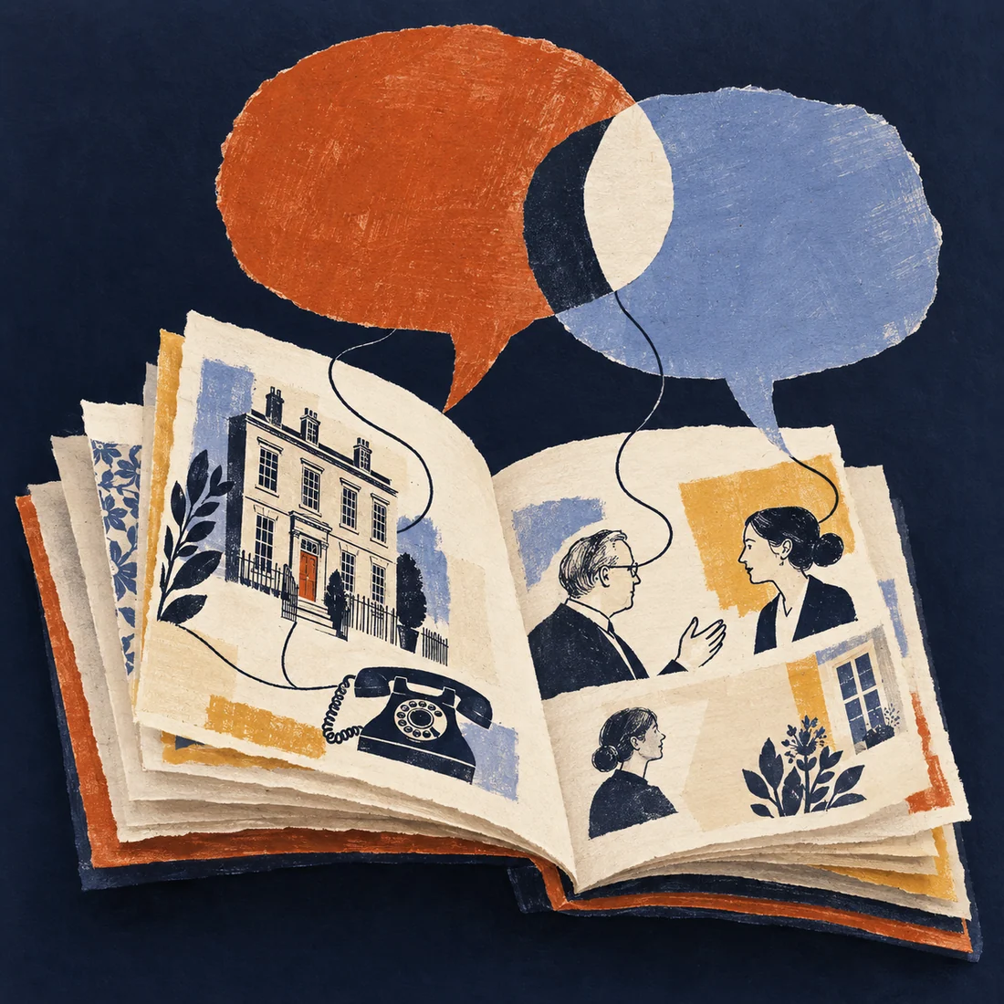 An illustrated directory of business information opening into layered paper conversation shapes.