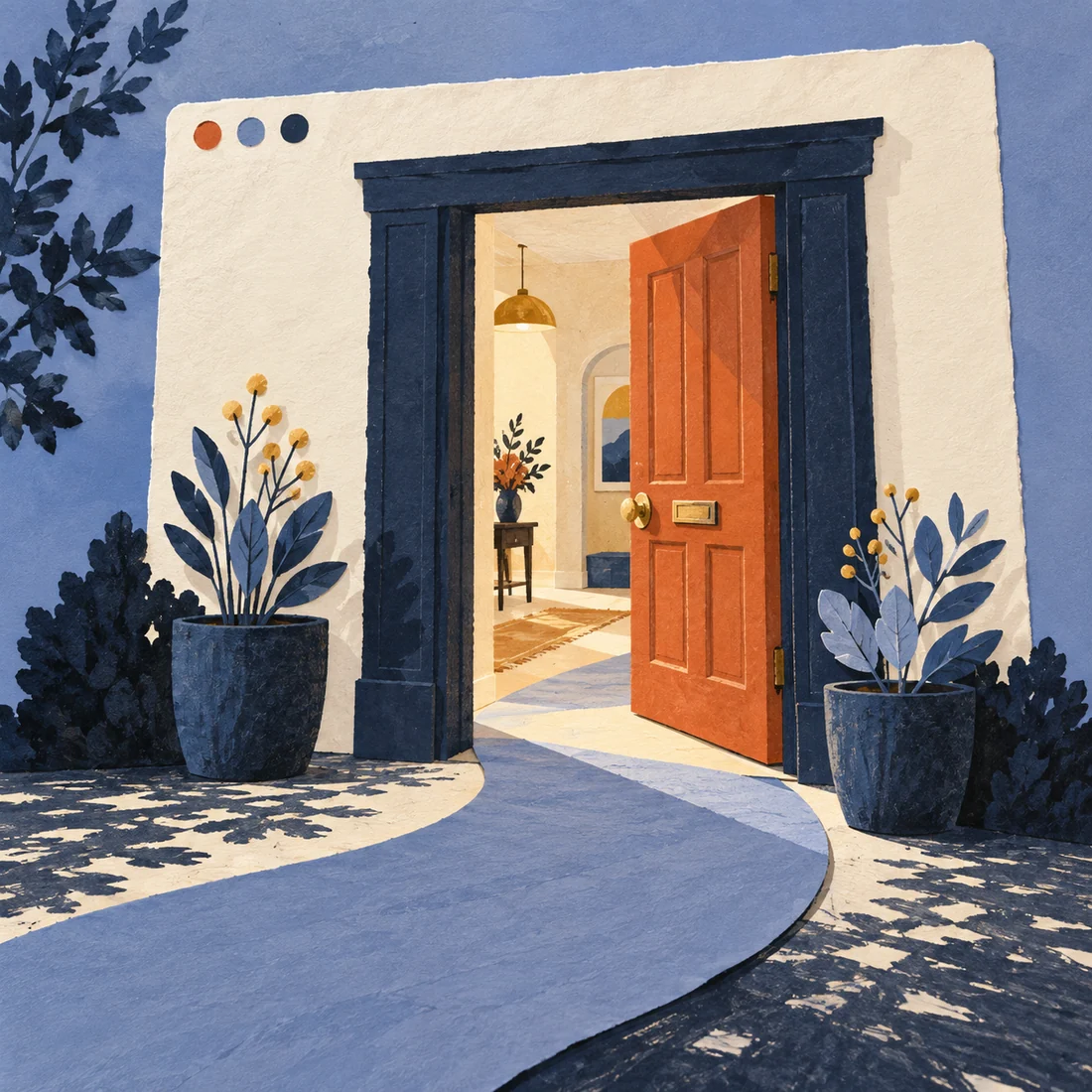 A welcoming orange doorway within a paper browser frame, illustrated in ink blue, cornflower and ivory.